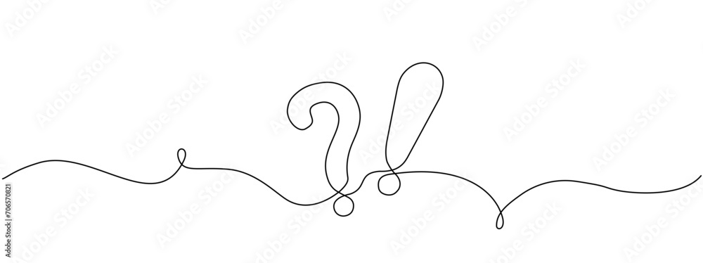Continuous line drawing question mark and exclamation mark. Hand drawn asking and admiration signs. Vector illustration - obrazy, fototapety, plakaty 