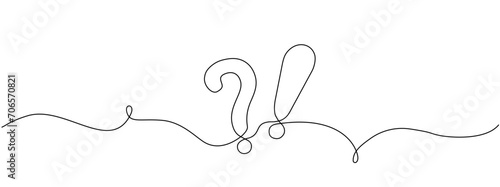 Continuous line drawing question mark and exclamation mark. Hand drawn asking and admiration signs. Vector illustration