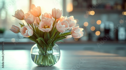Beige peach tulips on the table in a glass vase in a light room