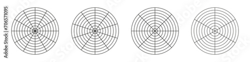Circle diagrams of life style balance. Wheel of life templates. Coaching tool for visualizing all areas of life. Set of polar grid with segments, concentric circles. Blank of polar graph paper. Vector