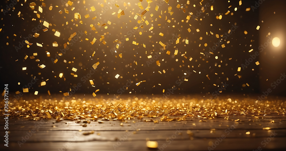 Empty room with gold confetti and spotlight on stage background, abstract golden bokeh light effect with copy space for product presentation mockup - obrazy, fototapety, plakaty 