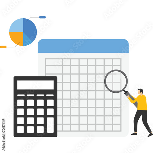 calculating budget, profit and loss, Accounting and finance audit, business person accountant with calculator, generating report graph from data, spreadsheet creation report, professional concept.

