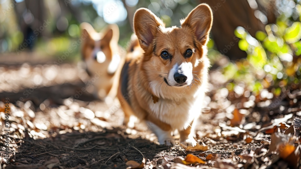 Selective focus on a portrait of sad corgi dog walking in the park blur
Selective focus on a portrait of sad corgi dog walking in the park blur