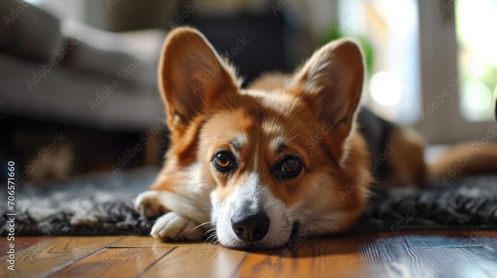 selective focus on a young corgi puppy lying in the interior and looking at the camera