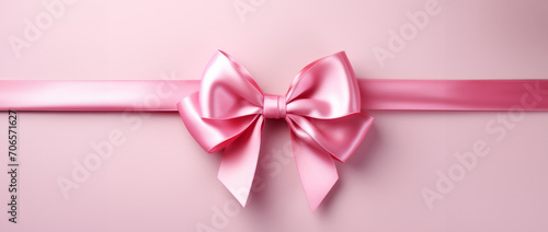 Pink ribbon with bow on white background top view with copy space