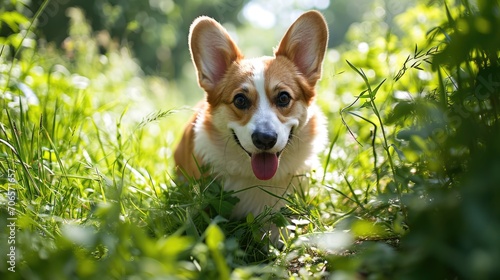 portrait of a corgi dog with an open mouth running in the park amid green grass on a blurred bright sunny background
