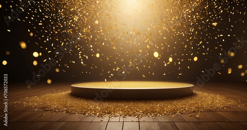 Empty room with gold confetti and spotlight on stage background, abstract golden bokeh light effect with copy space for product presentation mockup photo