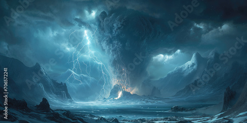 dreamscape, massive volcanic eruption with lightning striking a column of smoke photo