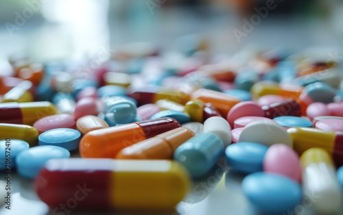 An assortment of colorful pills arranged against the backdrop of a hospital.