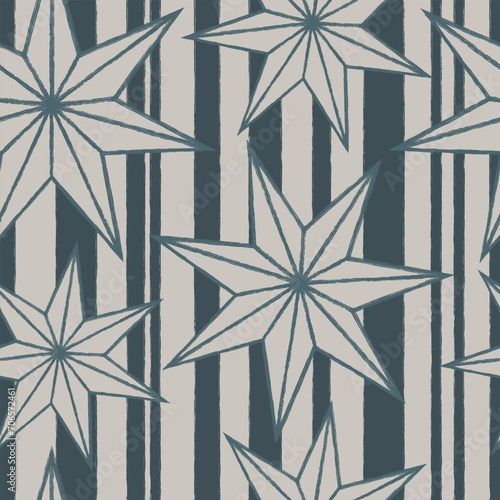 Textured vector seamless pattern with star shapes and vertical stripes. Festive Christmas traditional background in blue monochrome color palette for wallpaper, wrapping paper design, textile