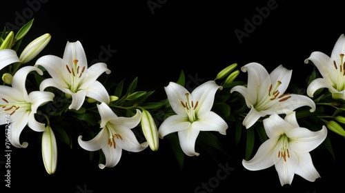 Beautiful white lilies on a black background, close-up, copy space.