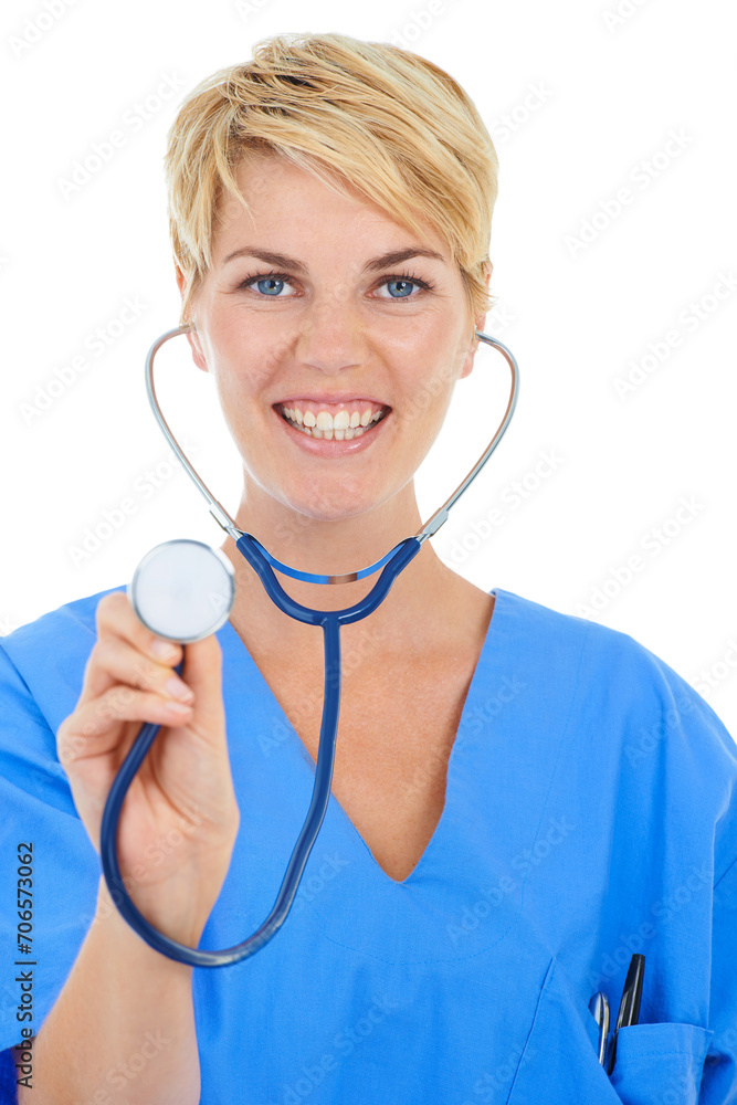 Doctor, woman and stethoscope in a studio portrait for cardiology, healthcare and support or check. Young, happy nurse listening for health with patient POV and medical services on a white background