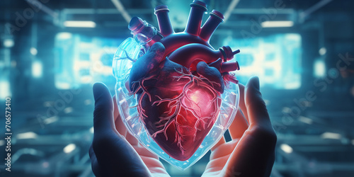 Medicine research of human heart, Human heart with cardiogram for medical heart health care background, Cloned human heart with wires connected to it, Heart organ ai generative

 photo