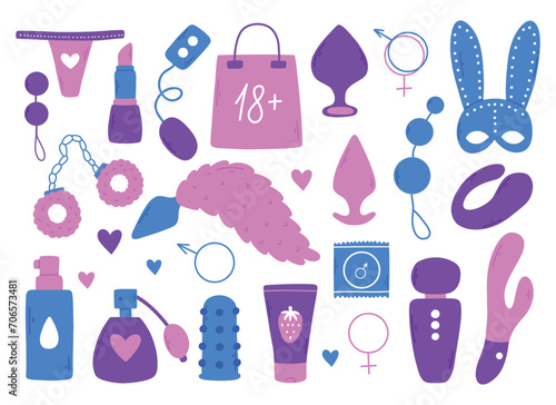 Set of sex toys. Collection of toys for adults. Vector illustration. Flat style. Sex shop set. Erotic elements set. BDSM toys.