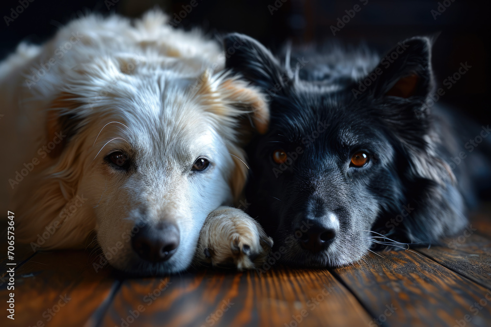 Schwarze und weißer Hund liegen zusammen auf dem Boden - obrazy, fototapety, plakaty 