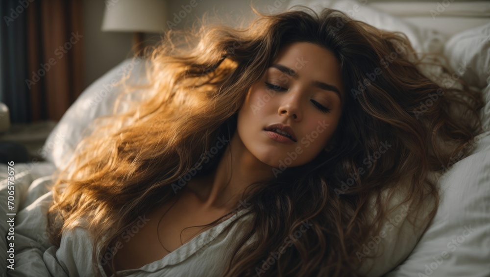 woman with long curly hair lying on the bed at home woman with long curly hair lying on the bed at home