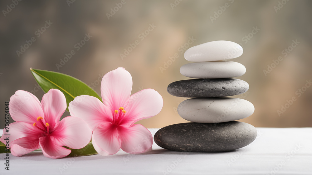 Stack of spa massage stones with pink flowers wellness background