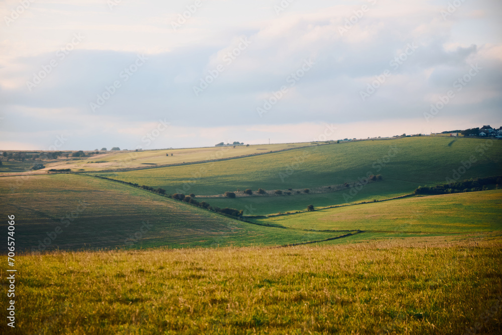 Rolling hills landscape with a field of wheat and sky with clouds