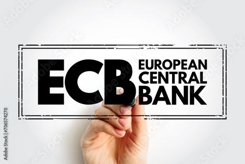 ECB European Central Bank - prime component of the Eurosystem and the European System of Central Banks, acronym concept stamp photo