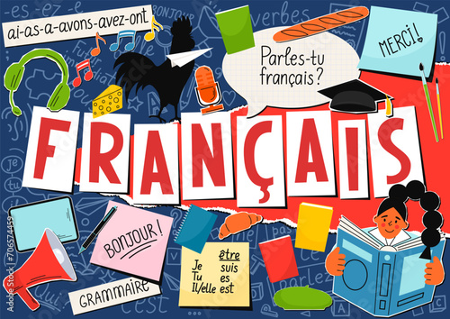 Francais. Translation: French; thank you; Good morning; grammar; Do you speak French; I am; You are; He/she is; have. French language concept. 