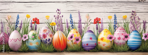 Bunte Ostereier, Banner für Ostern, Eiersuche an Ostern mit bunten Farben photo