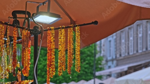Expensive Amber Bead Necklace Sold on Outdoor Jewelery Market Stand