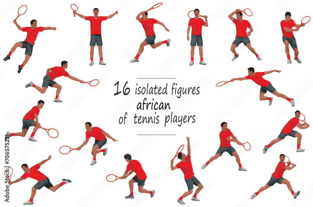 16 figures of an African tennis player in red T-shirt in motion: standing, running, rushing, jumping, throwing the ball, catching the ball 16 figures of an African tennis player in red T-shirt in motion: standing, running, rushing, jumping, throwing the ball, catching the ball