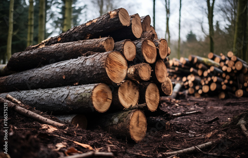 Holzstapel, Geschlagenes Holz im Wald, Weiterverarbeitung im Sägewerk, Holzwirtschaft