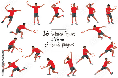 16 figures of an African tennis player in red T-shirt in motion: standing, running, rushing, jumping, throwing the ball, catching the ball © ivnas