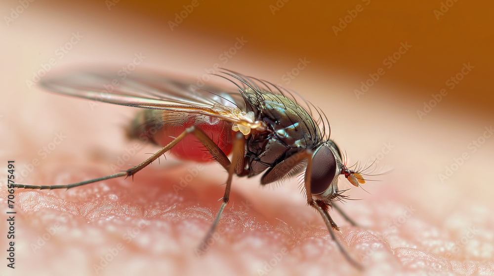 Obraz premium Scientific Sample: Black Fly Parasite Feeds on Human Host ,generated by IA