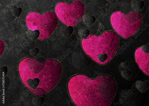 Black Valentines Day grunge abstract background with pink and golden hearts. Vector greeting card design