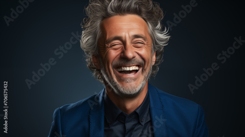 Portrait of a mature gray-haired man laughing joyfully in a blue suit. Generative AI