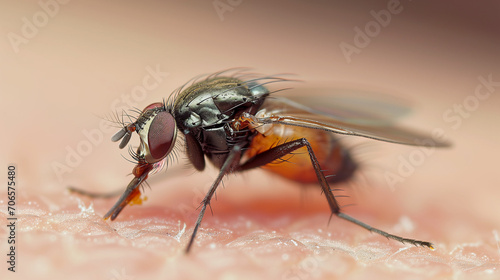 Macro Image of Parasitic Black Fly Feeding on Skin ,generated by IA © Marcio