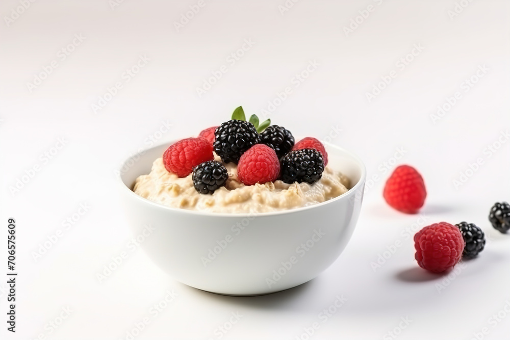 Oatmeal porridge with Blueberry, Raspberries, jam and nuts in white bowl, dash diet with berries, Background, Copy space. Healthy diet breakfast Oatmeal porridge with Blueberry, Raspberries, jam and nuts in white bowl, dash diet with berries, Background, Copy space. Healthy diet breakfast