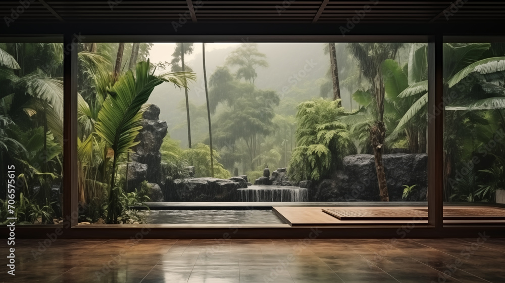 Obraz premium House apartment design with panoramic window, natural materials, stone, wood, granite, plants, minimalism. Generative AI