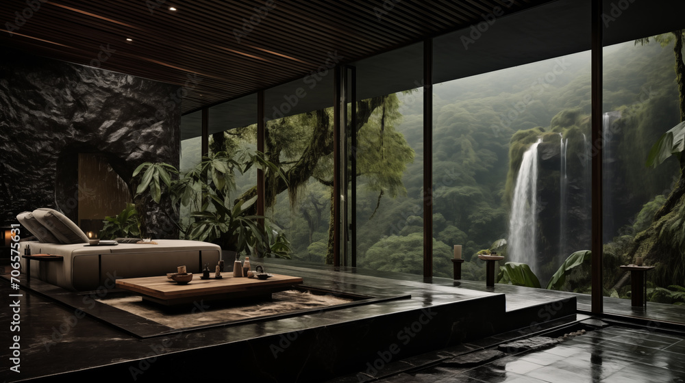 Fototapeta premium House apartment design with panoramic window, natural materials, stone, wood, granite, plants, minimalism. Generative AI