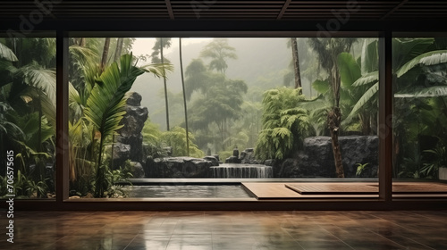 House apartment design with panoramic window, natural materials, stone, wood, granite, plants, minimalism. Generative AI © amixstudio