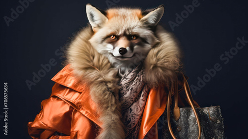 a fox in expensive clothes with an expensive bag shopping in the market on a black background the concept of expensive outerwear with fur