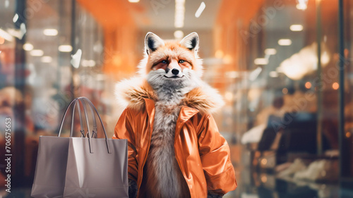 A fox in expensive and chic clothes with fur goes shopping in a boutique