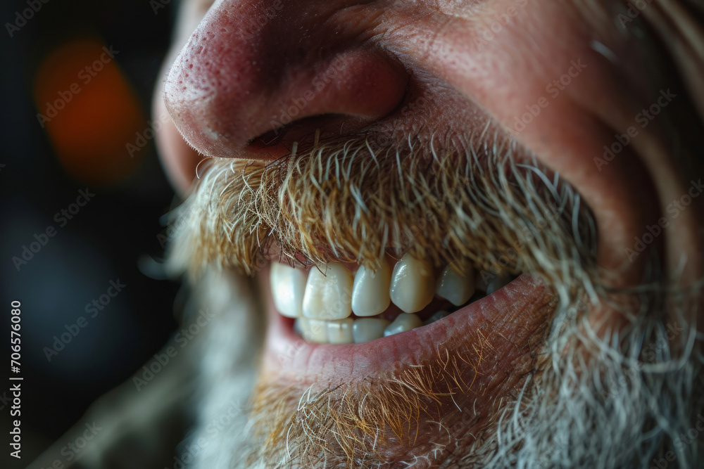 Close up shot of smiling bearded elderly man. Male mouth with teeth. Positive emotion Close up shot of smiling bearded elderly man. Male mouth with teeth. Positive emotion