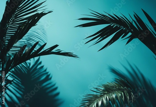 Blurred shadow from palm leaves on the blue wall Minimal abstract background for product presentation