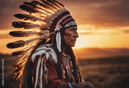 Native american indian chief at sunset art