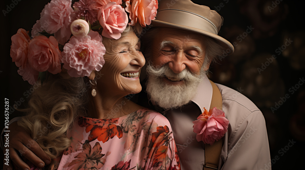 Portrait of an elderly happy couple in love, a man and a woman smiling joyfully. Generative AI