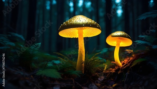 Golden mushrooms mysteriously glowing in a dark forest. Neon mushrooms. bioluminescent mushrooms. Beauty of nature. Mysterious forest.