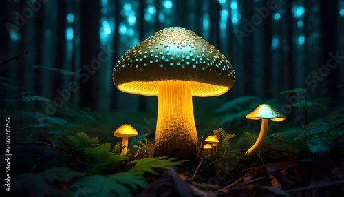 Golden mushrooms mysteriously glowing in a dark forest. Neon mushrooms. bioluminescent mushrooms. Beauty of nature. Mysterious forest.