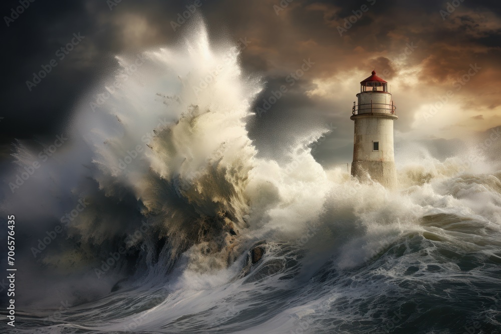 Ominous Lighthouse storm winter. Ocean clouds. Generate Ai