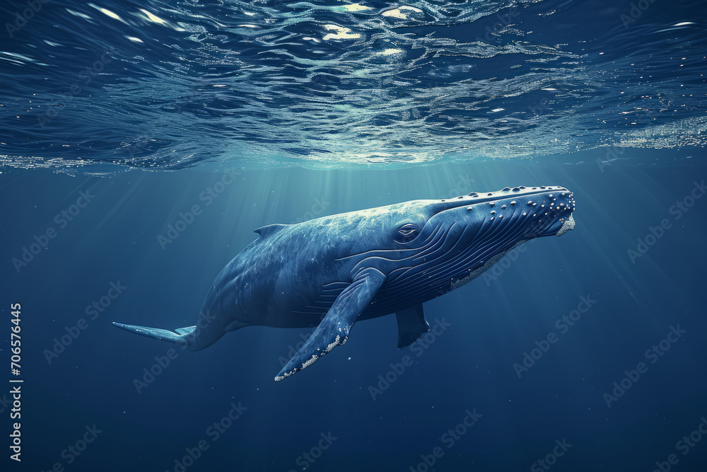 Blue Whale swimming in ocean. Humpback Whale underwater - obrazy, fototapety, plakaty 