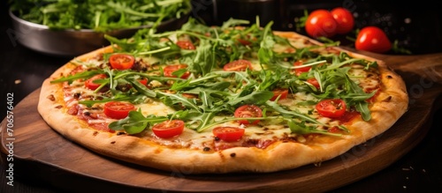 Pizza with arugula and cherry tomatoes on board