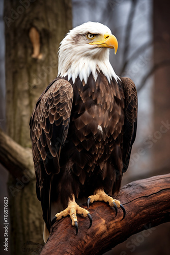 Bald eagle, Haliaeetus leucocephalus, isolated sitting on a wooden branch with nature background