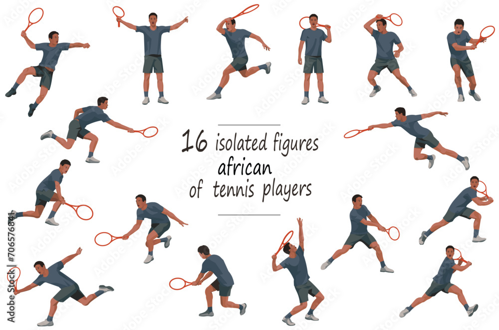 16 figures of an African tennis player in black shirt serving, receiving, hitting the ball, standing, jumping and running